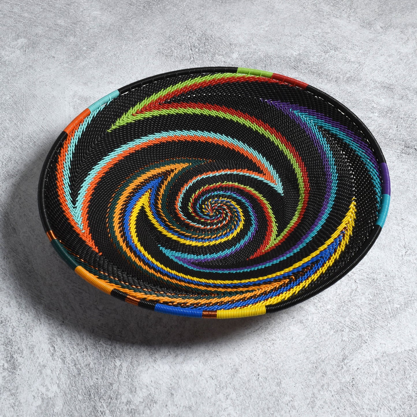 African Fair Trade Zulu Telephone Wire 9" Platter Basket, Each One Unique, African Rainbow Colorway
