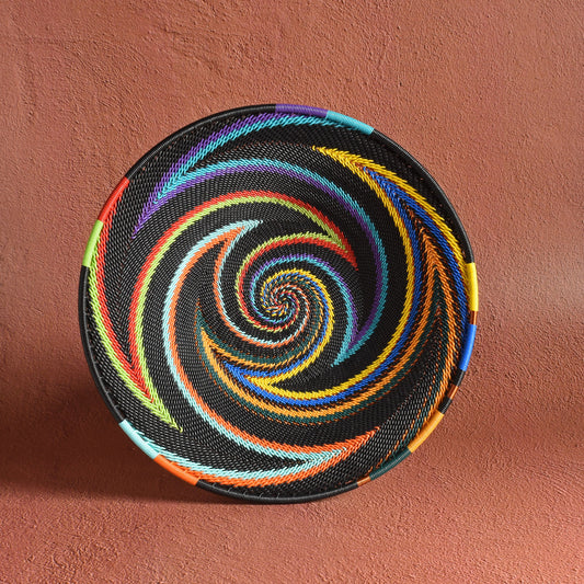African Fair Trade Zulu Telephone Wire 9" Platter Basket, Each One Unique, African Rainbow Colorway