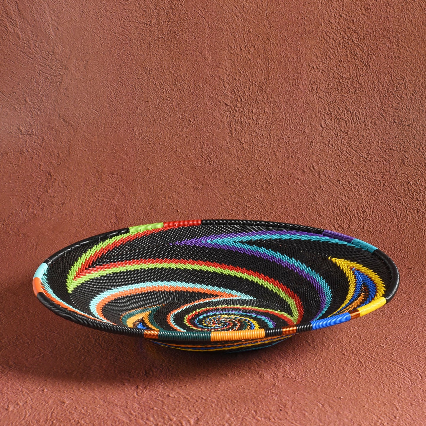 African Fair Trade Zulu Telephone Wire 9" Platter Basket, Each One Unique, African Rainbow Colorway