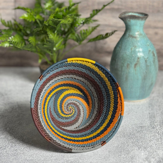 Fair Trade Zulu Handwoven Telephone Wire 5.75" Cone-Shaped Bowl, Cove Colorway