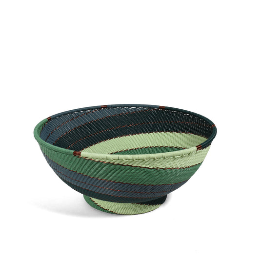 Fair Trade Zulu Telephone Wire 8" Pedestal Bowl, Emerald Swirl, Handwoven by African Makers, Each One Varies