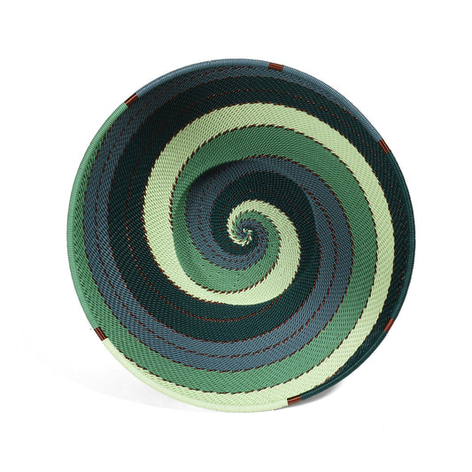 Fair Trade Zulu Telephone Wire 8" Pedestal Bowl, Emerald Swirl, Handwoven by African Makers, Each One Varies