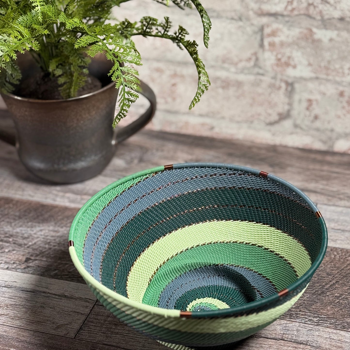 Fair Trade Zulu Telephone Wire 8" Pedestal Bowl, Emerald Swirl, Handwoven by African Makers, Each One Varies