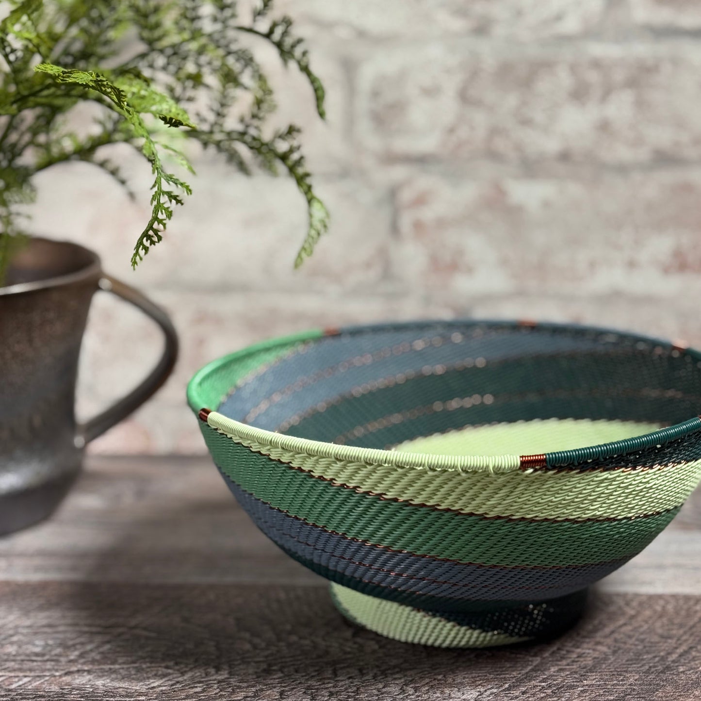 Fair Trade Zulu Telephone Wire 8" Pedestal Bowl, Emerald Swirl, Handwoven by African Makers, Each One Varies