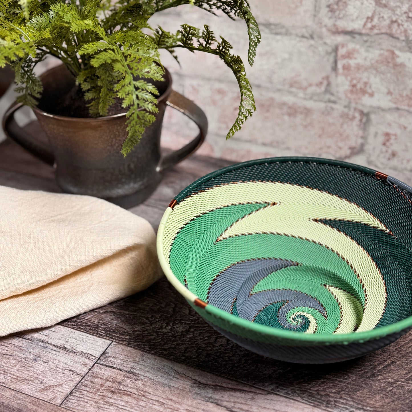 Fair Trade Zulu Telephone Wire 8" Pedestal Bowl, Emerald Zig-Zag, Handwoven by African Makers, Each One Varies