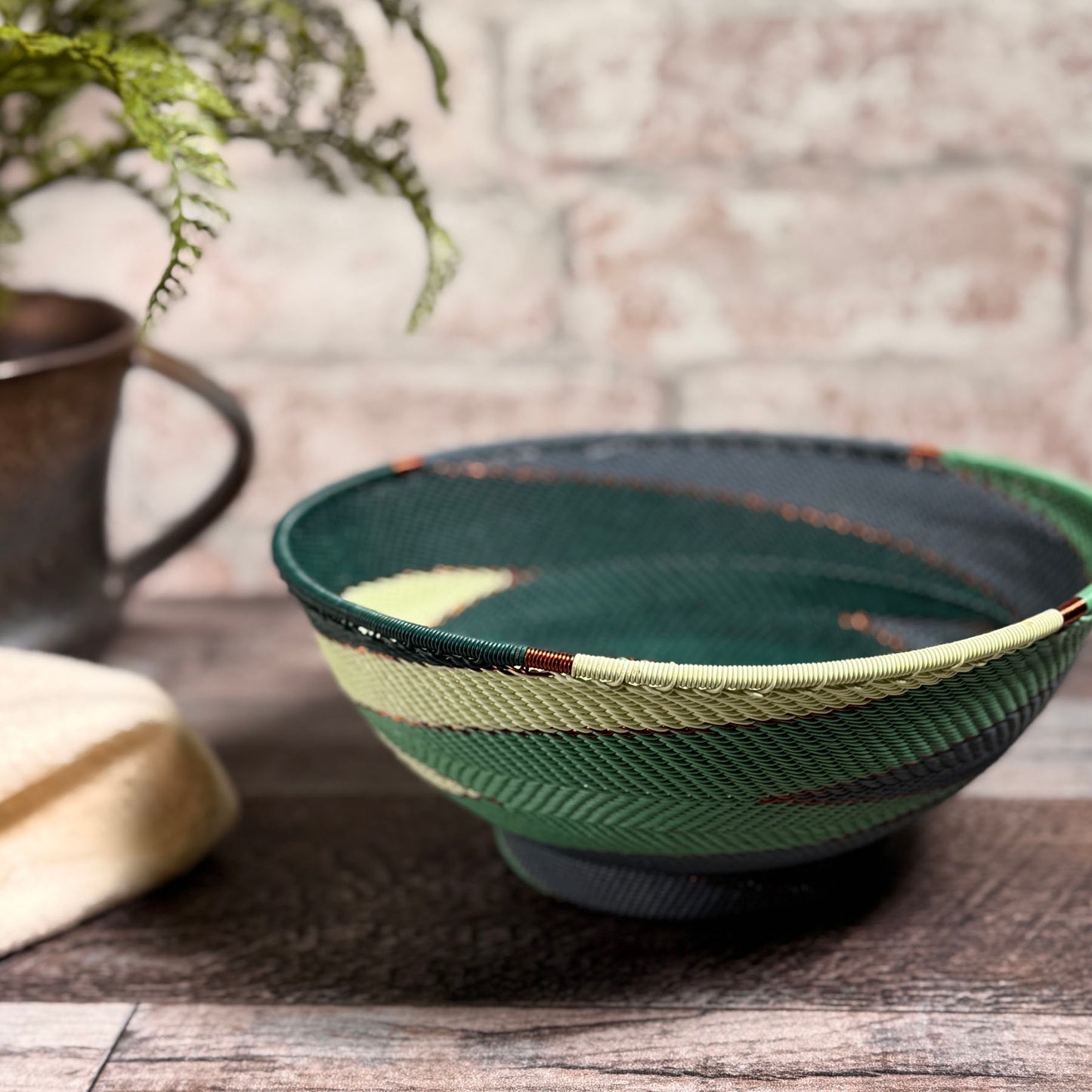 Fair Trade Zulu Telephone Wire 8" Pedestal Bowl, Emerald Zig-Zag, Handwoven by African Makers, Each One Varies