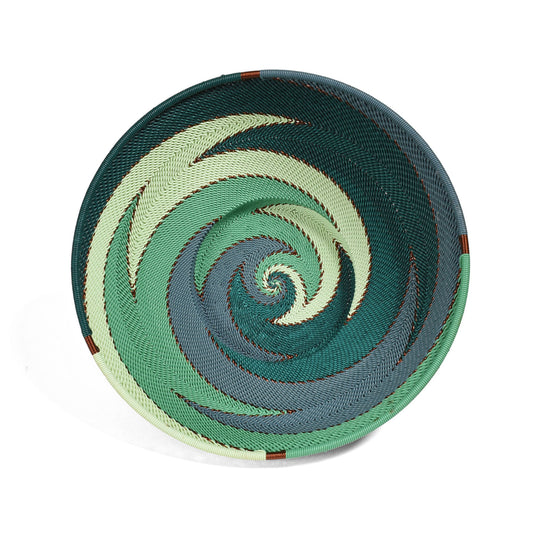 Fair Trade Zulu Telephone Wire 8" Pedestal Bowl, Emerald Zig-Zag, Handwoven by African Makers, Each One Varies