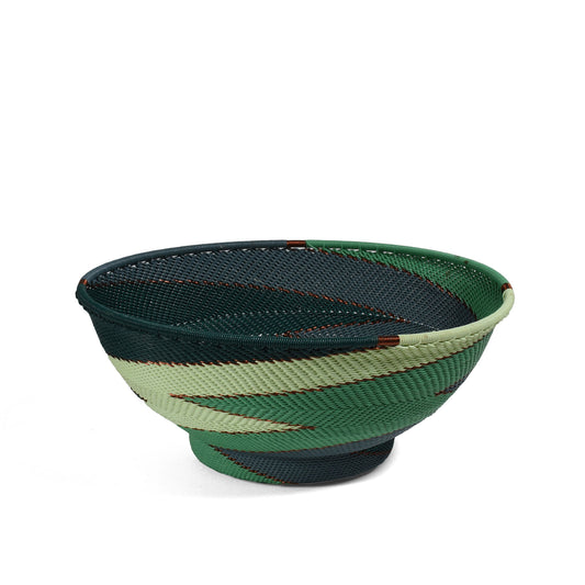Fair Trade Zulu Telephone Wire 8" Pedestal Bowl, Emerald Zig-Zag, Handwoven by African Makers, Each One Varies