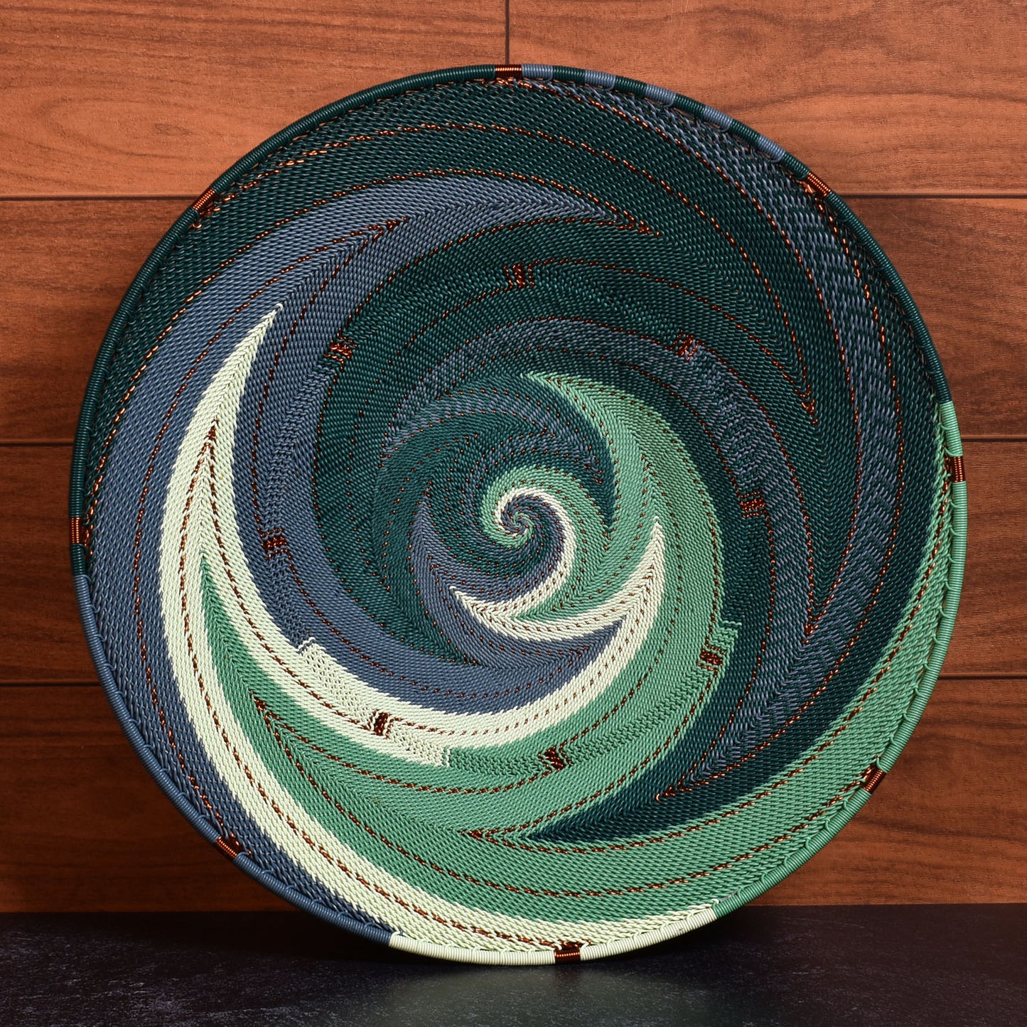 African Fair Trade Zulu Telephone Wire 12" Platter Basket, Emerald, Each One Unique (TW-EM-30P-B)