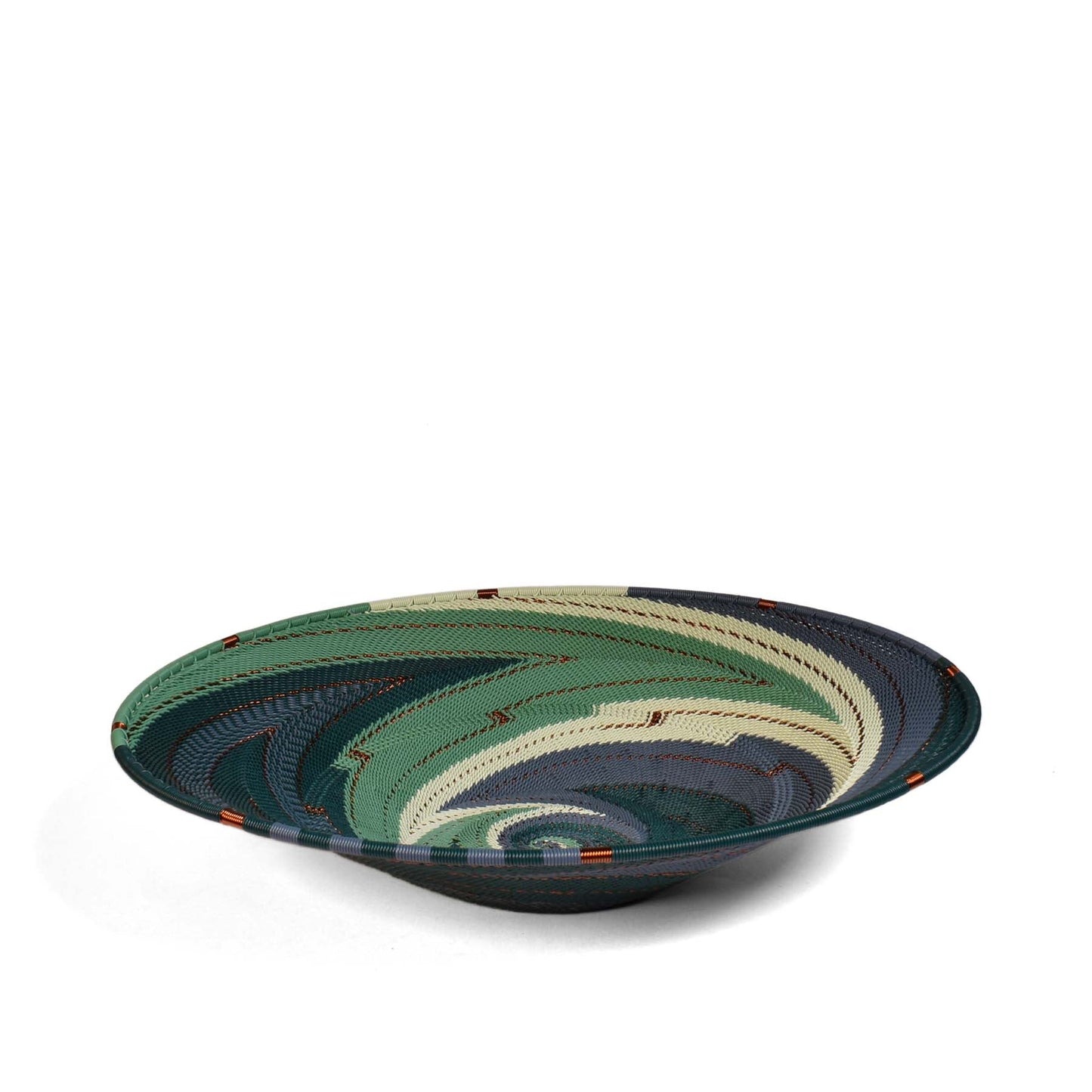 African Fair Trade Zulu Telephone Wire 12" Platter Basket, Emerald, Each One Unique (TW-EM-30P-B)