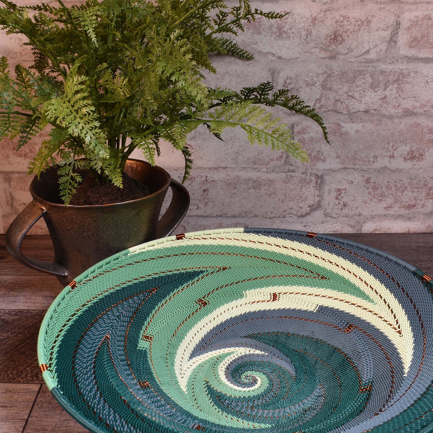 African Fair Trade Zulu Telephone Wire 12" Platter Basket, Emerald, Each One Unique (TW-EM-30P-B)