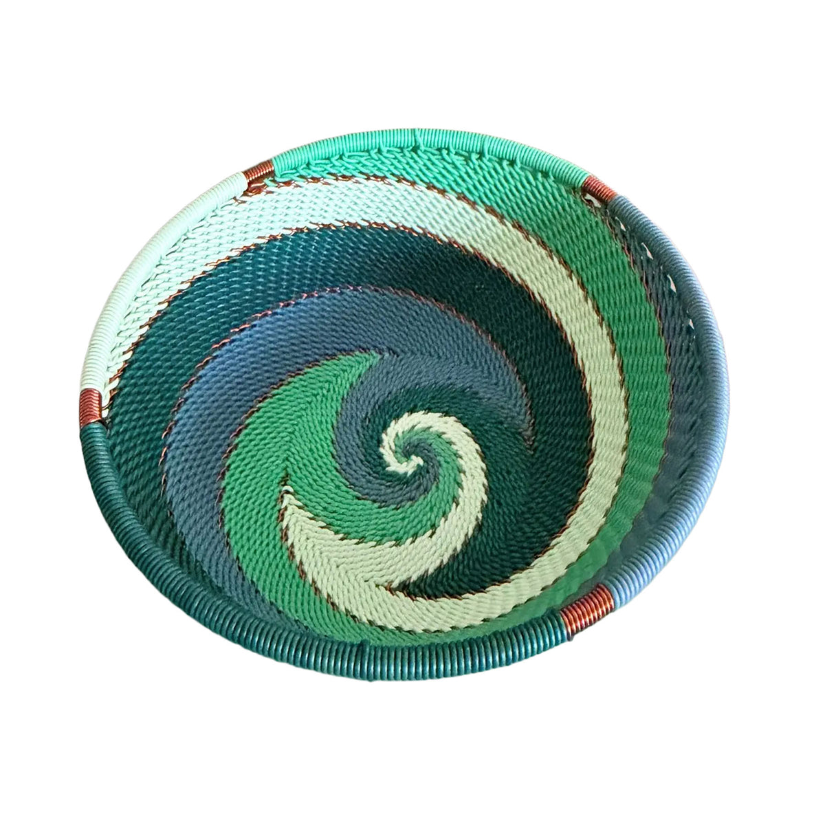 Handwoven Zulu Telephone Wire 5" Round Shallow Bowl Basket, Emerald