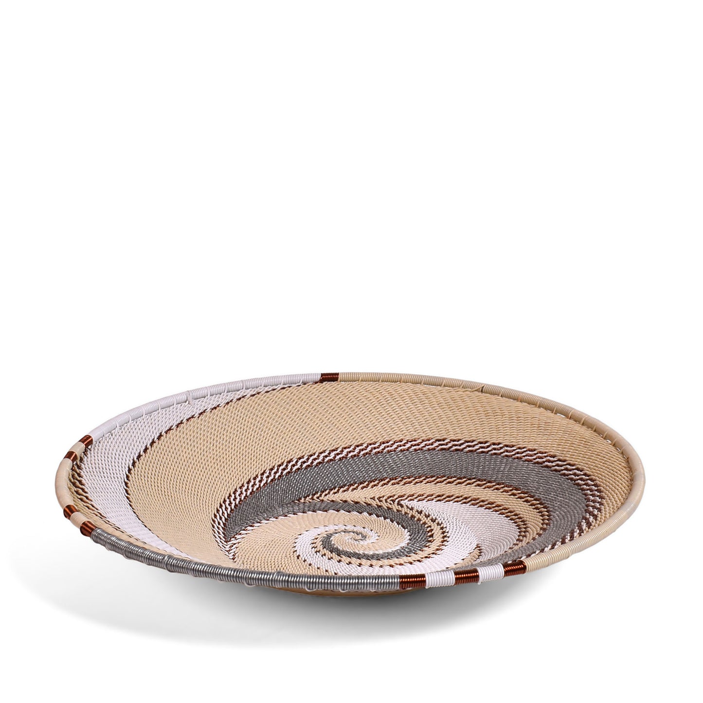 African Fair Trade Zulu Telephone Wire 9" Platter Basket, Silver Sea, Each One Unique (SS-24P-B)