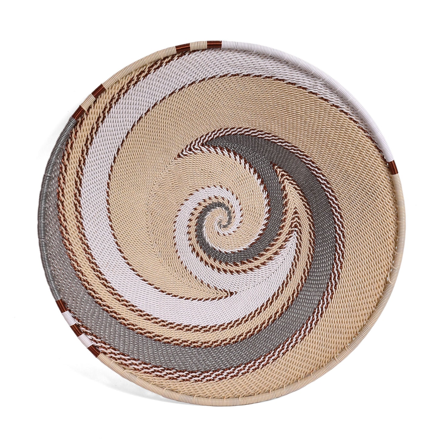 African Fair Trade Zulu Telephone Wire 9" Platter Basket, Silver Sea, Each One Unique (SS-24P-B)