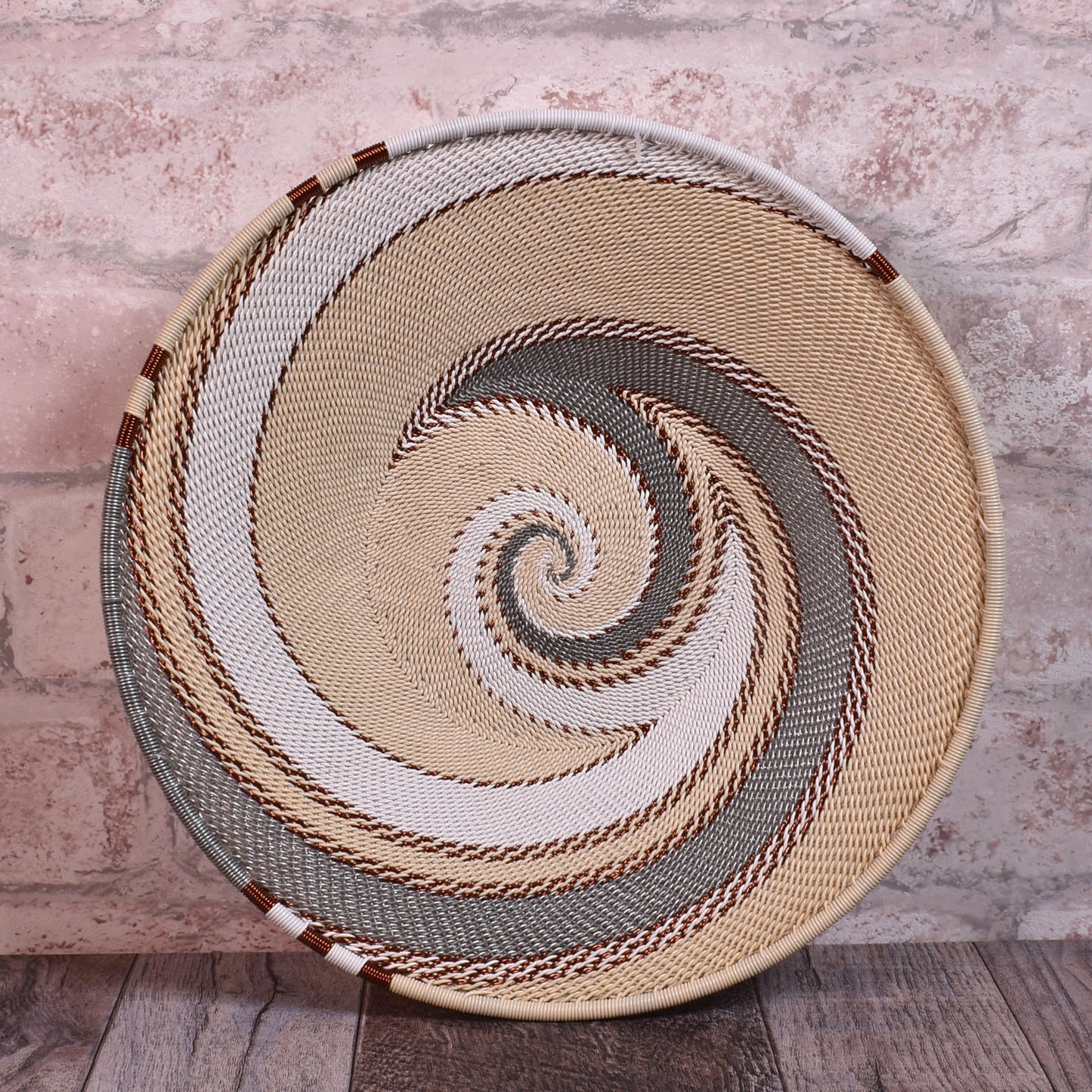 African Fair Trade Zulu Telephone Wire 9" Platter Basket, Silver Sea, Each One Unique (SS-24P-B)
