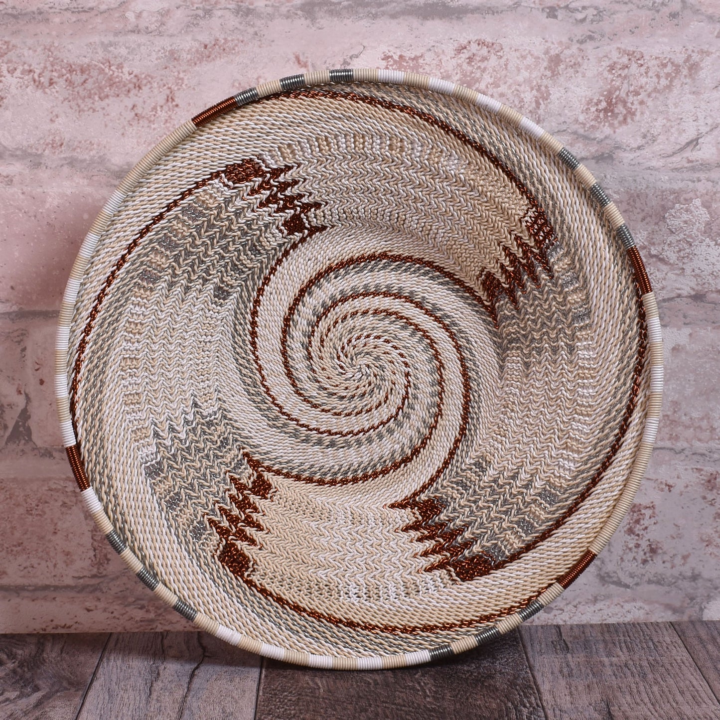 African Fair Trade Zulu Telephone Wire 9" Platter Basket, Silver Sea, Each One Unique (SS-24P-C)