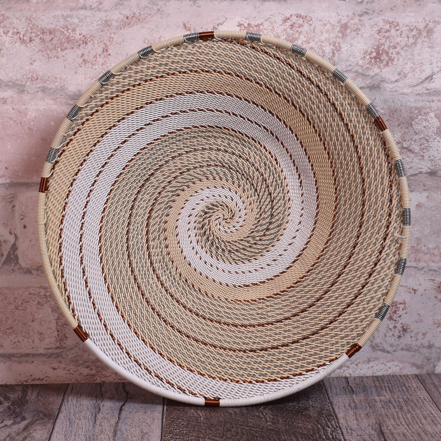 African Fair Trade Zulu Telephone Wire 9" Platter Basket, Silver Sea, Each One Unique (SS-24P-D)