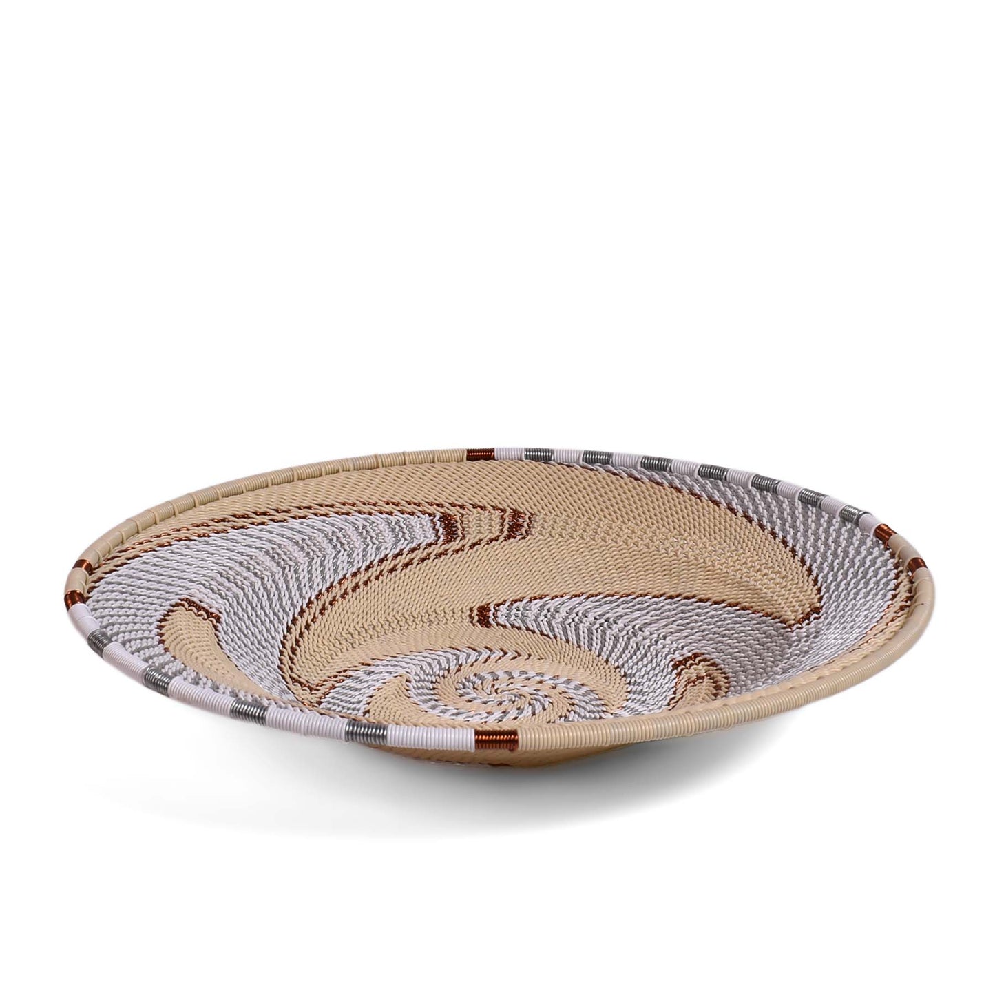 African Fair Trade Zulu Telephone Wire 9" Platter Basket, Silver Sea, Each One Unique (SS-24P-E)