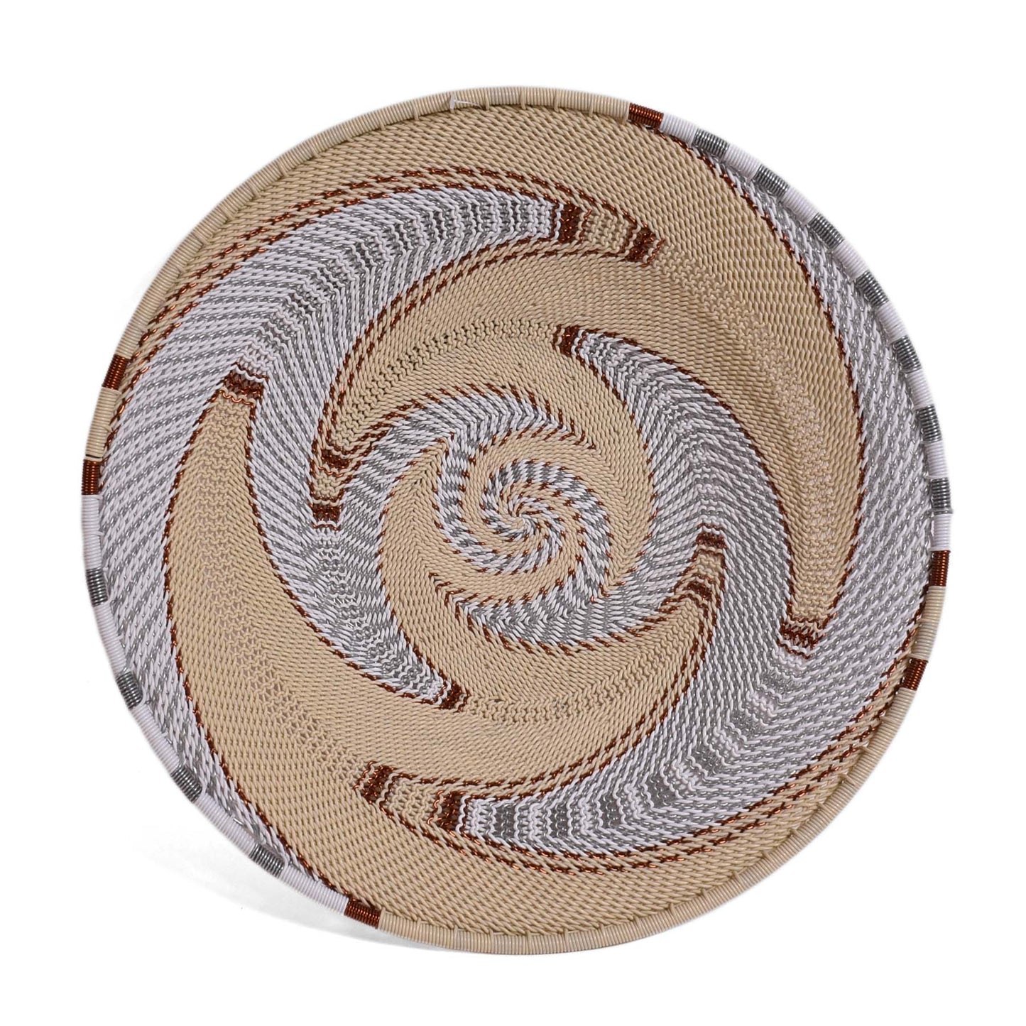 African Fair Trade Zulu Telephone Wire 9" Platter Basket, Silver Sea, Each One Unique (SS-24P-E)