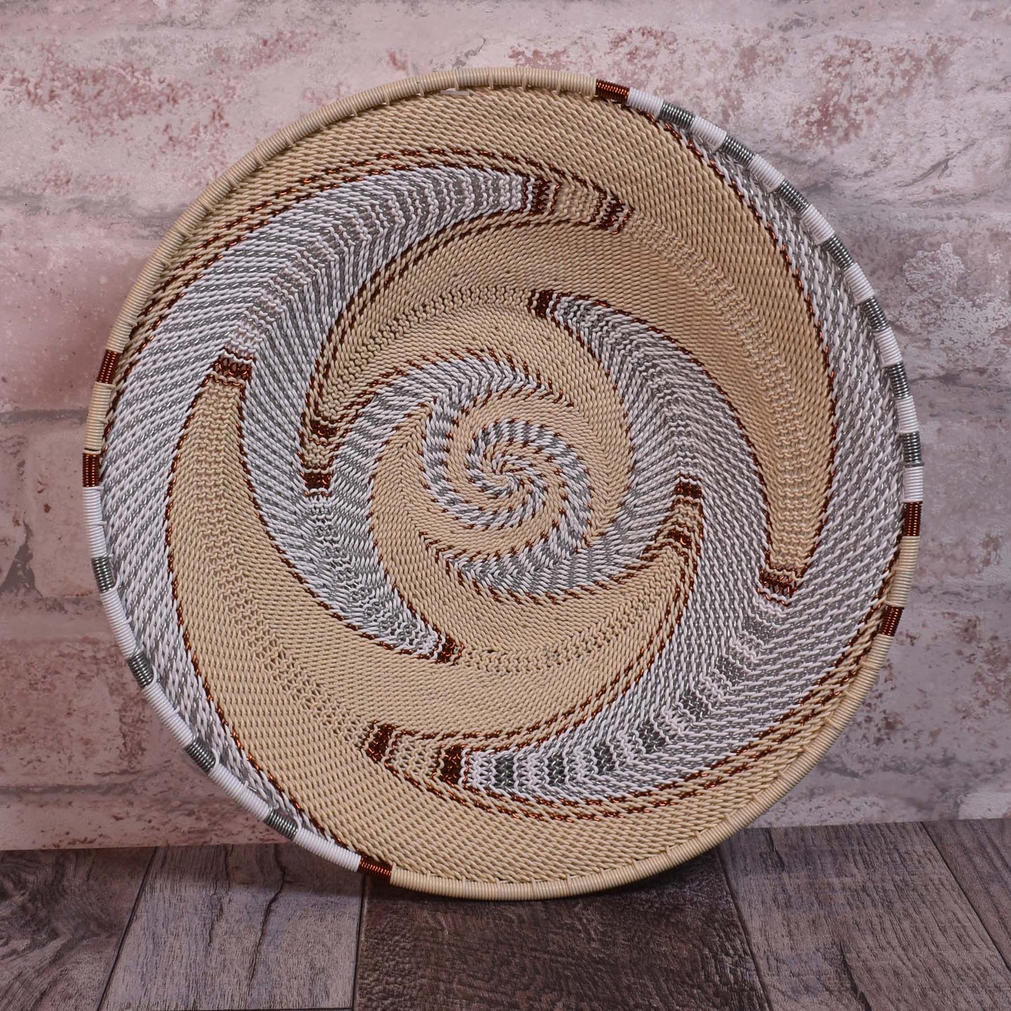 African Fair Trade Zulu Telephone Wire 9" Platter Basket, Silver Sea, Each One Unique (SS-24P-E)