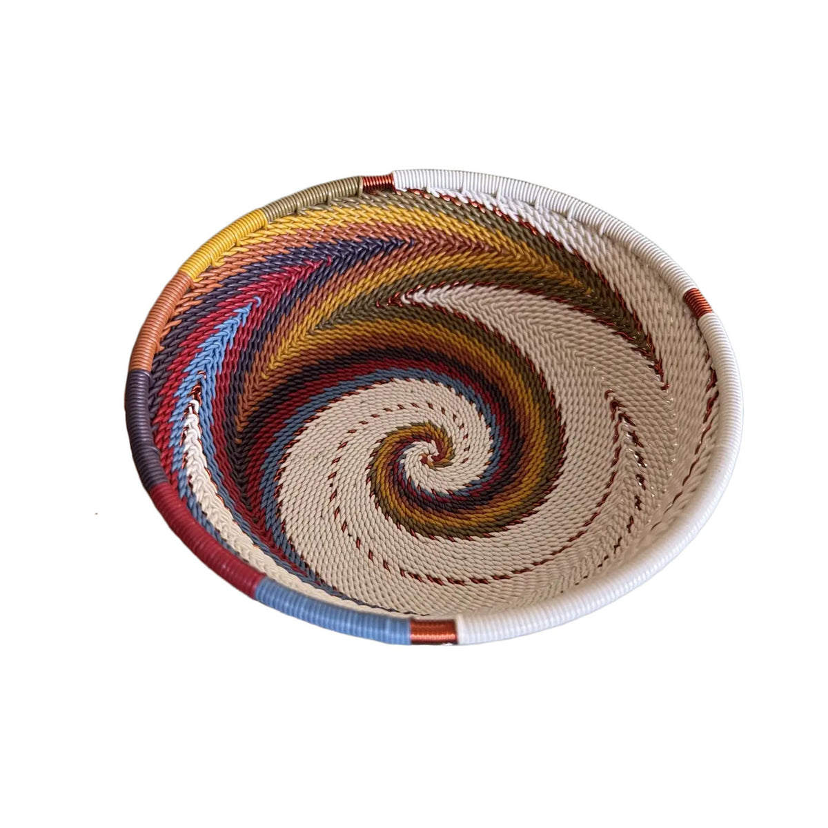 Handwoven Zulu Telephone Wire 5" Round Shallow Bowl Basket, White Desert