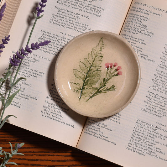 Wax Flower & Fern 4-1/4" Trinket Dish by Tara Kothari, Handmade American Pottery