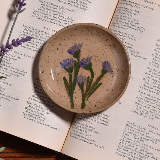 Blue Statice on Rustic Glaze 4-1/4" Trinket Dish by Tara Kothari, Handmade American Pottery