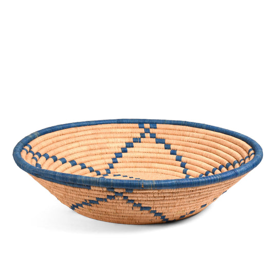 African Handwoven 15" Raffia Bowl Basket from Uganda, Blue/Natural