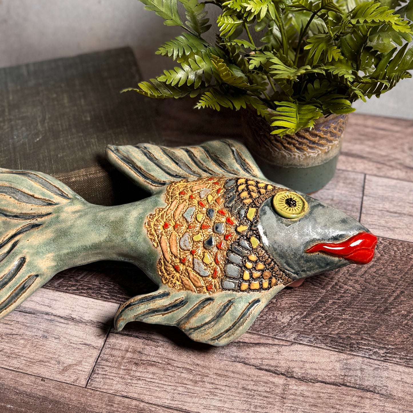 Fischer in Old Copper Ceramic Fish Wall Plaque by Laurie Pollpeter Eskenazi, Handmade American Pottery