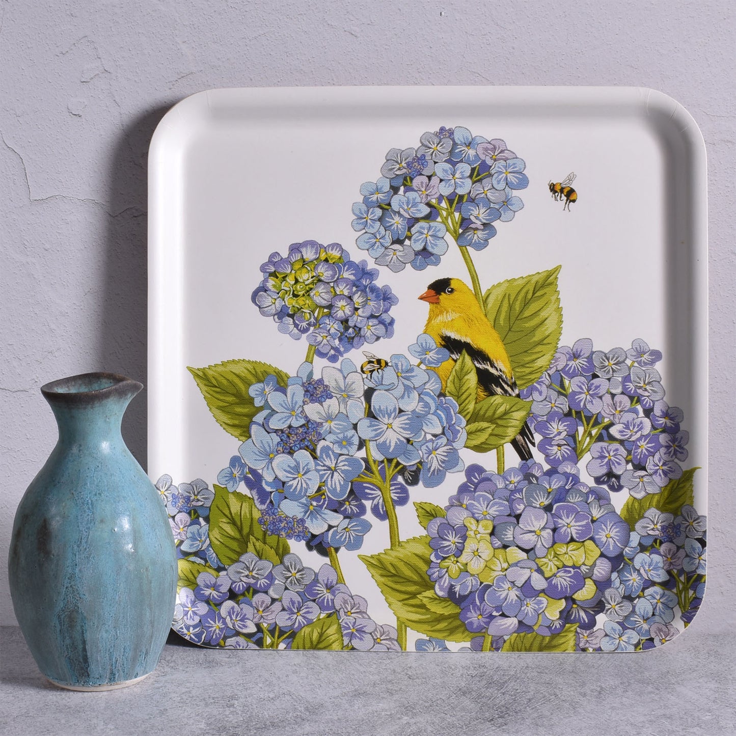 Mary Lake-Thompson Gold Finch with Hydrangea 13" Square Laminated Wood Tray