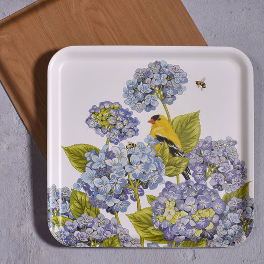 Mary Lake-Thompson Gold Finch with Hydrangea 13" Square Laminated Wood Tray