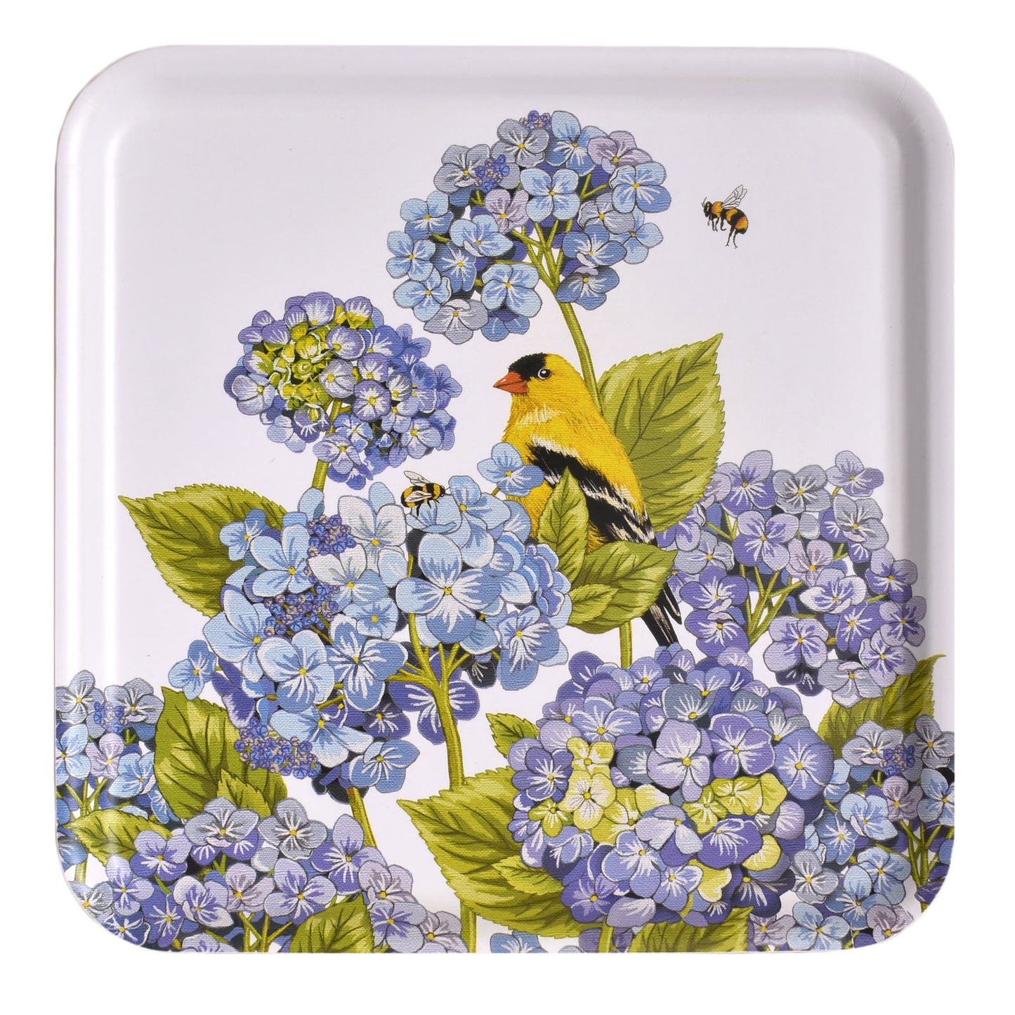 Mary Lake-Thompson Gold Finch with Hydrangea 13" Square Laminated Wood Tray