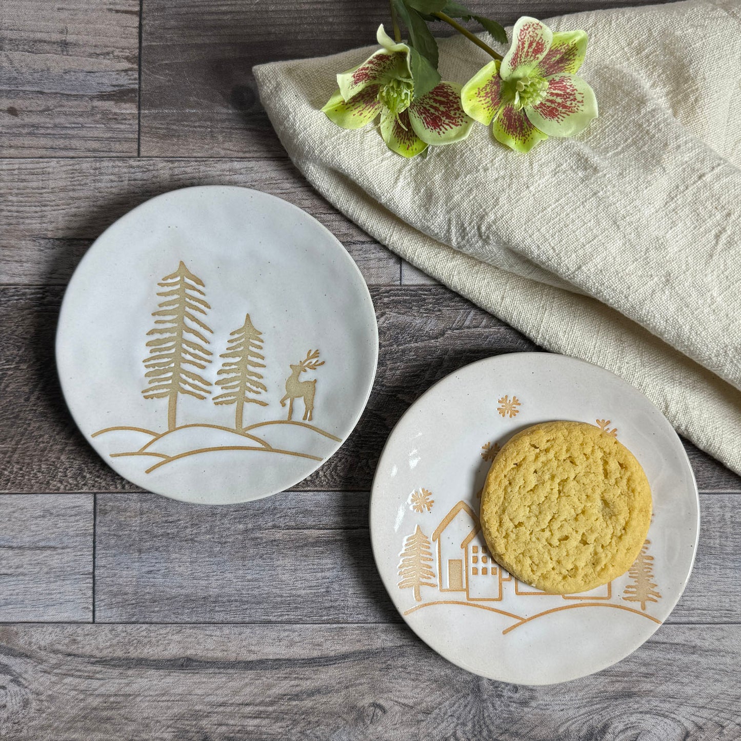 Creative Co-Op 6-1/4" Stoneware Appetizer Snack Dessert Plates with Winter Scenes, Ivory, Set of 2