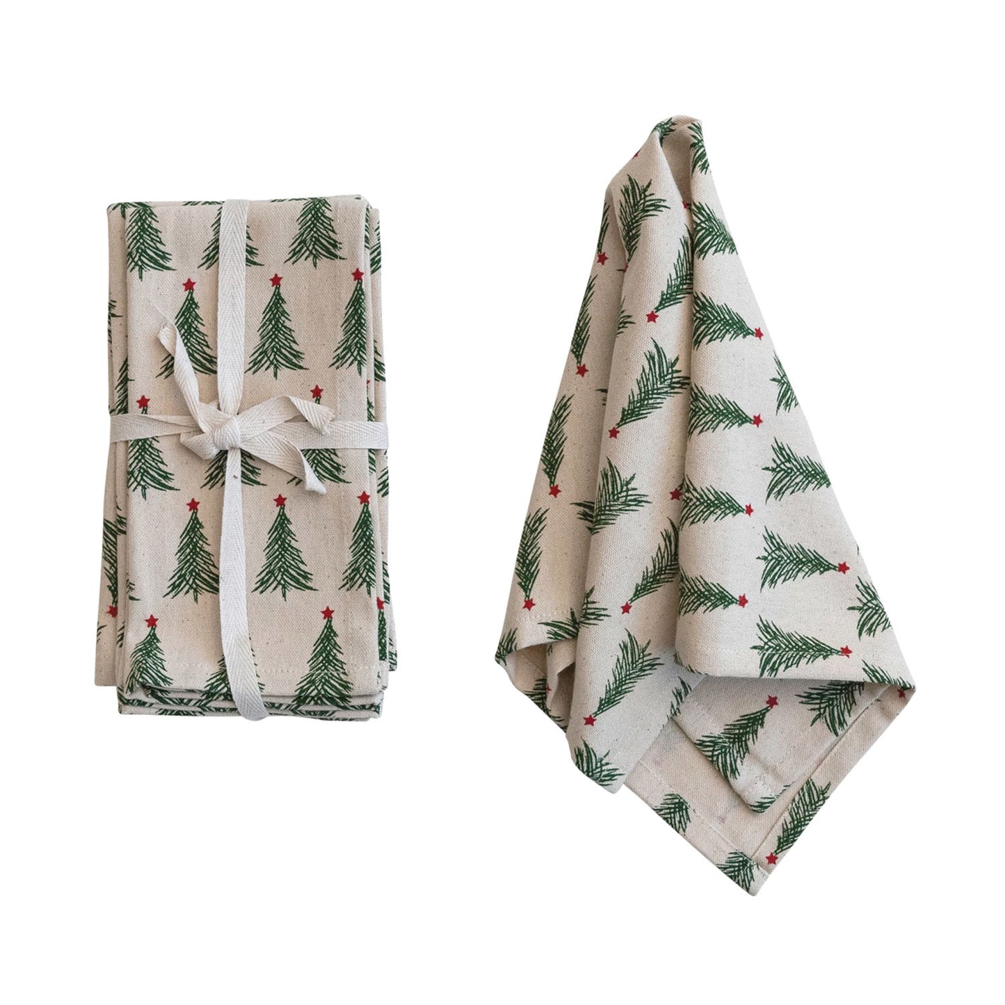 Stonewashed Cotton Printed Napkins with Christmas Tree Pattern, Set of 4