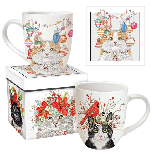 Holiday Antler Cats Stoneware Mug with Matching Gift Box
