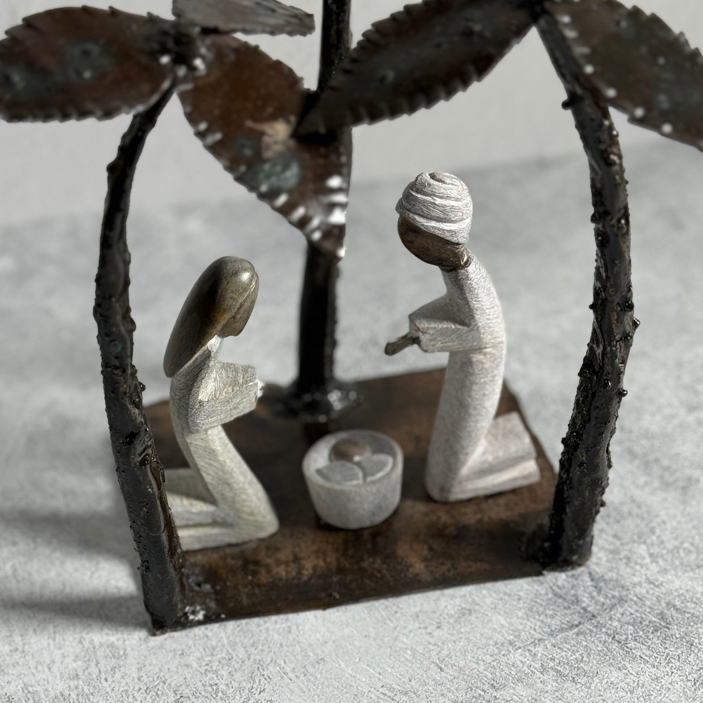 Carved Serpentine Stone Nativity with Recycled Metal Palm Trees, Handmade in Zimbabwe, Each One Unique