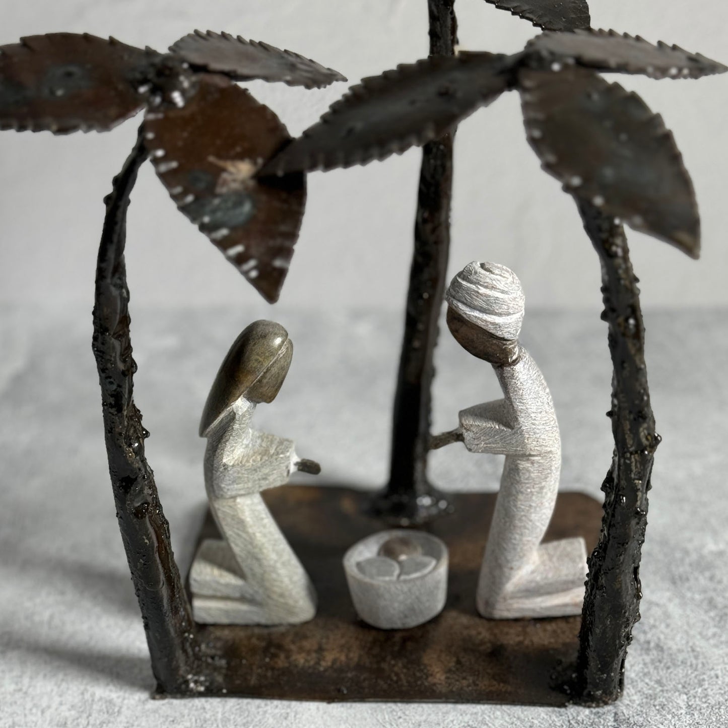 Carved Serpentine Stone Nativity with Recycled Metal Palm Trees, Handmade in Zimbabwe, Each One Unique