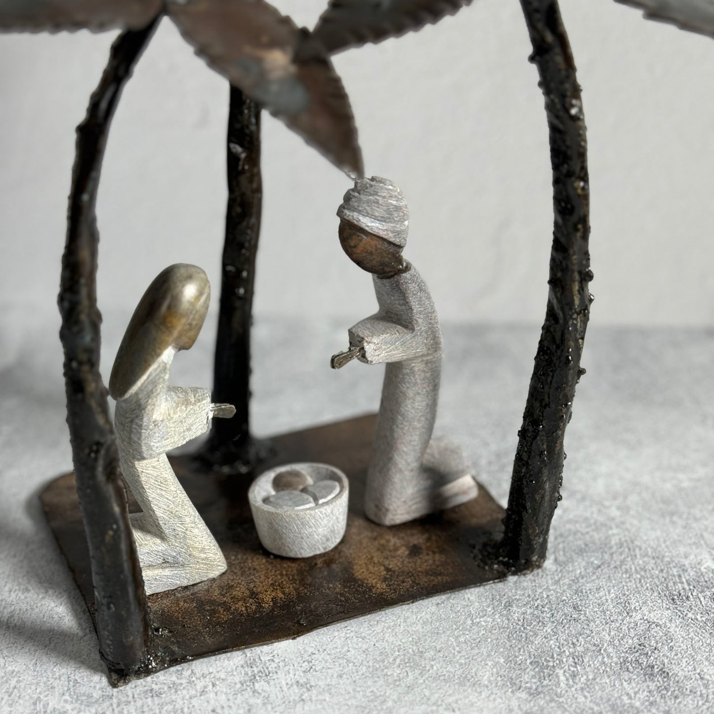 Carved Serpentine Stone Nativity with Recycled Metal Palm Trees, Handmade in Zimbabwe, Each One Unique