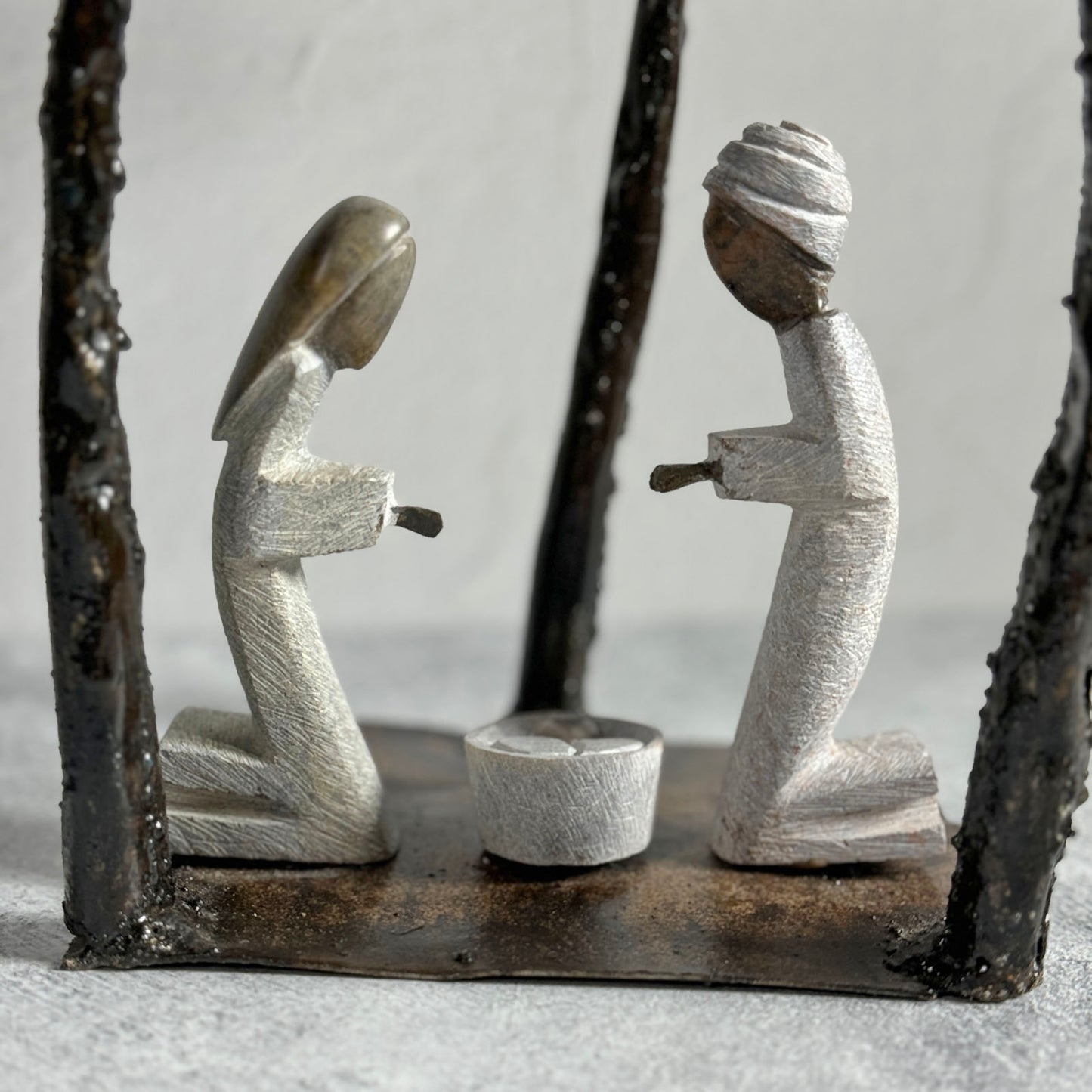 Carved Serpentine Stone Nativity with Recycled Metal Palm Trees, Handmade in Zimbabwe, Each One Unique
