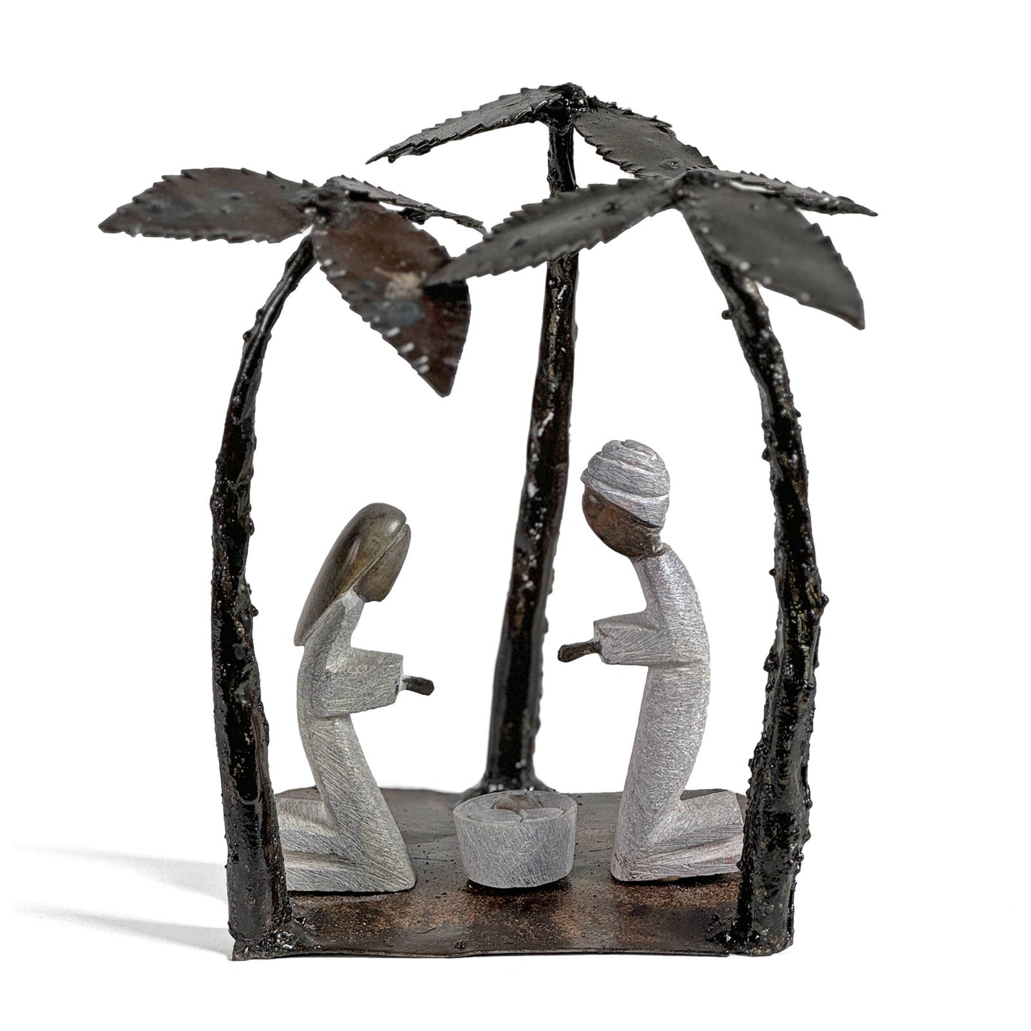 Carved Serpentine Stone Nativity with Recycled Metal Palm Trees, Handmade in Zimbabwe, Each One Unique