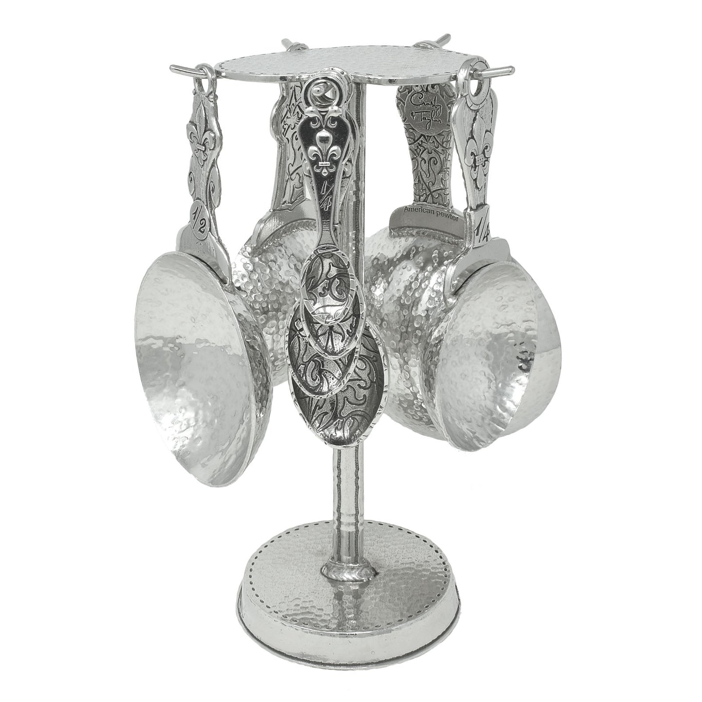 Crosby & Taylor Fleur de Lys Pewter Measuring Cups and Spoons with Compact Display Post, 9-piece Set, Handmade in the USA