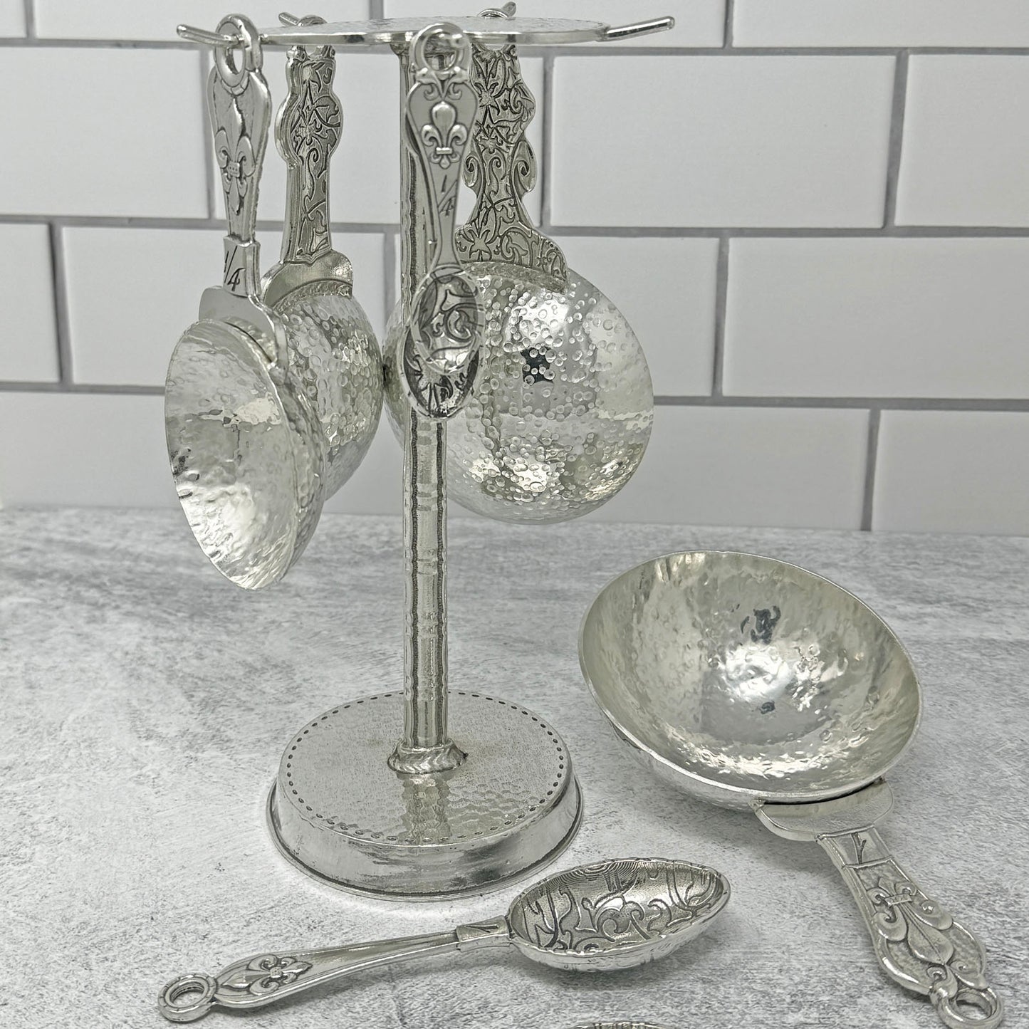 Crosby & Taylor Fleur de Lys Pewter Measuring Cups and Spoons with Compact Display Post, 9-piece Set, Handmade in the USA