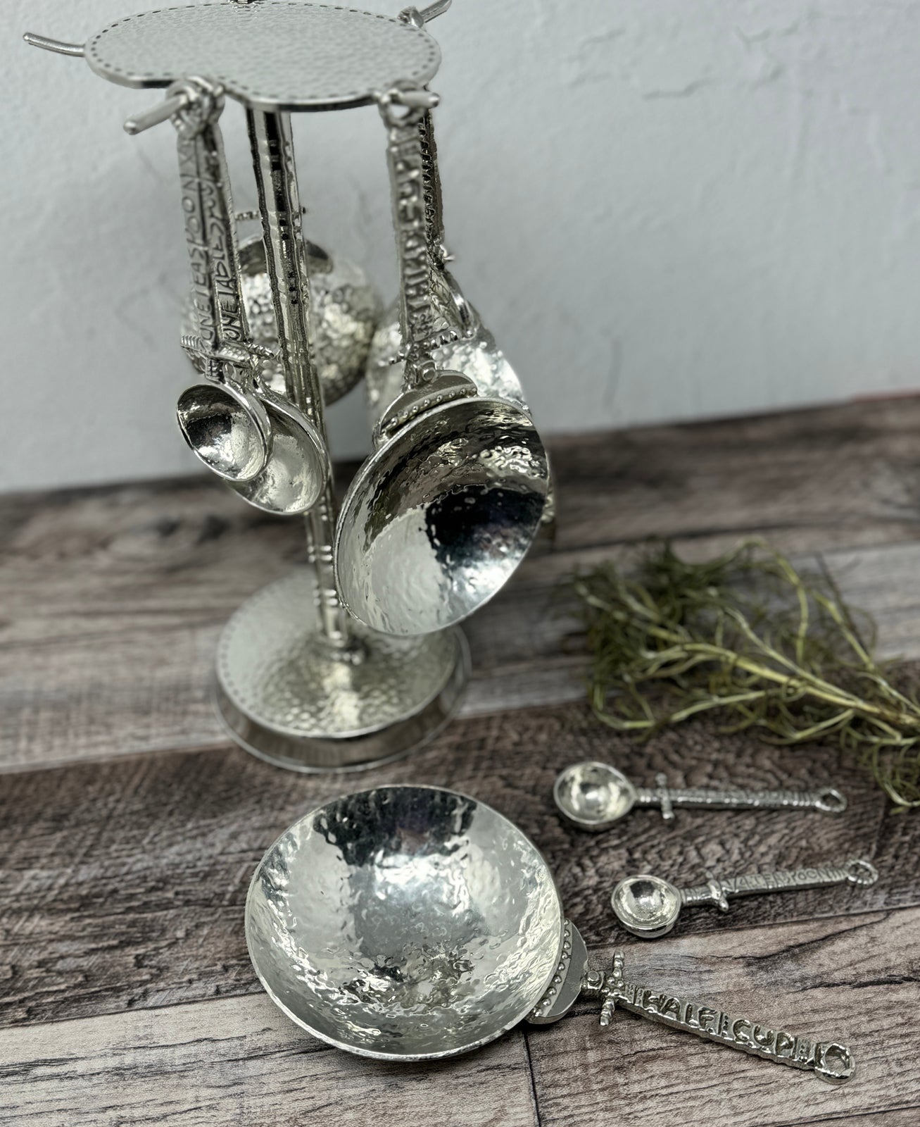 Crosby & Taylor Celtic Pewter Measuring Cups and Spoons with Compact Display Post, 9-piece Set, Handmade in the USA
