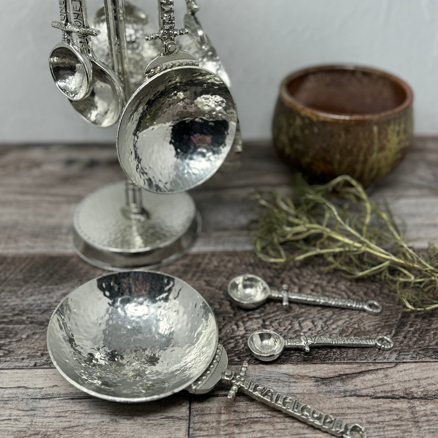 Crosby & Taylor Celtic Pewter Measuring Cups and Spoons with Compact Display Post, 9-piece Set, Handmade in the USA