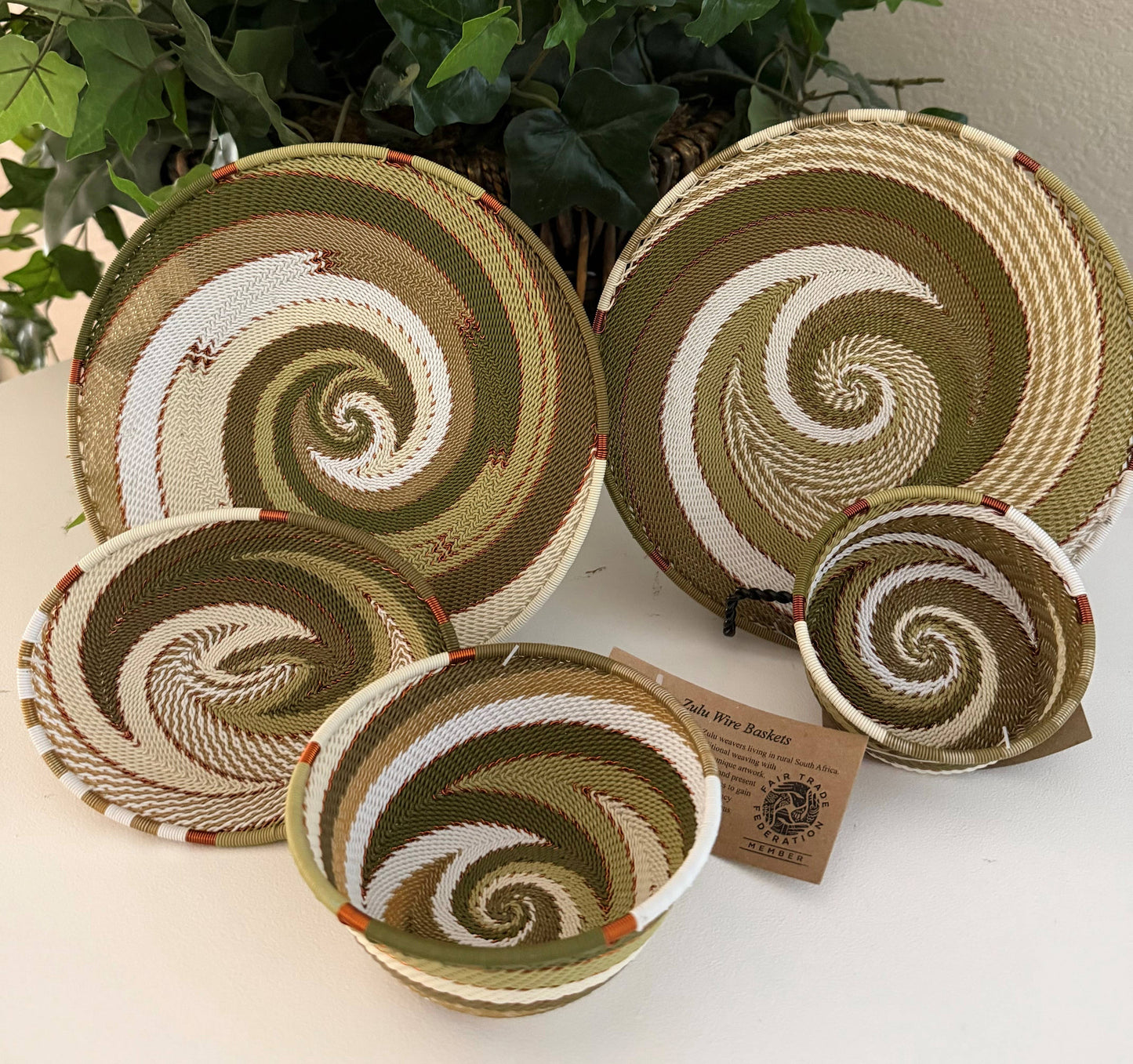 Fair Trade Zulu Telephone Wire 12" Shallow Platter Basket, Olive Green, Style B