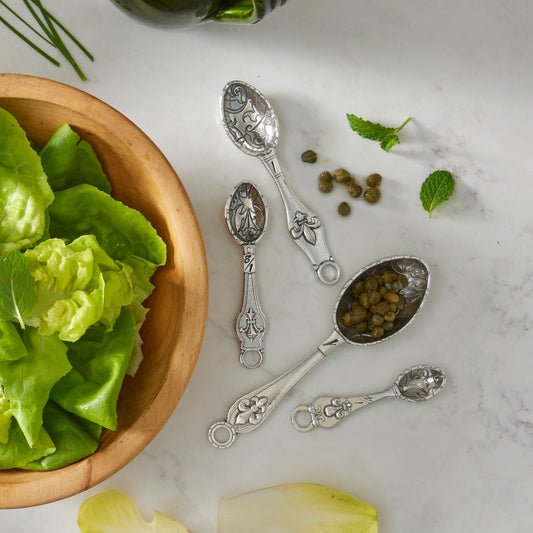 Crosby & Taylor Fleur de Lys Artisan Pewter Measuring Cups and Spoons with Display Post, 9-piece Set, Handmade in the USA