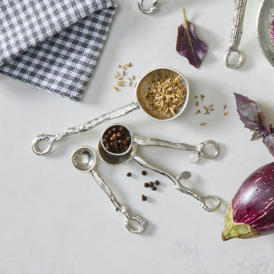 Crosby & Taylor Twig Pewter Measuring Cups and Spoons with Display Post, 9-piece Set, Handmade in the USA