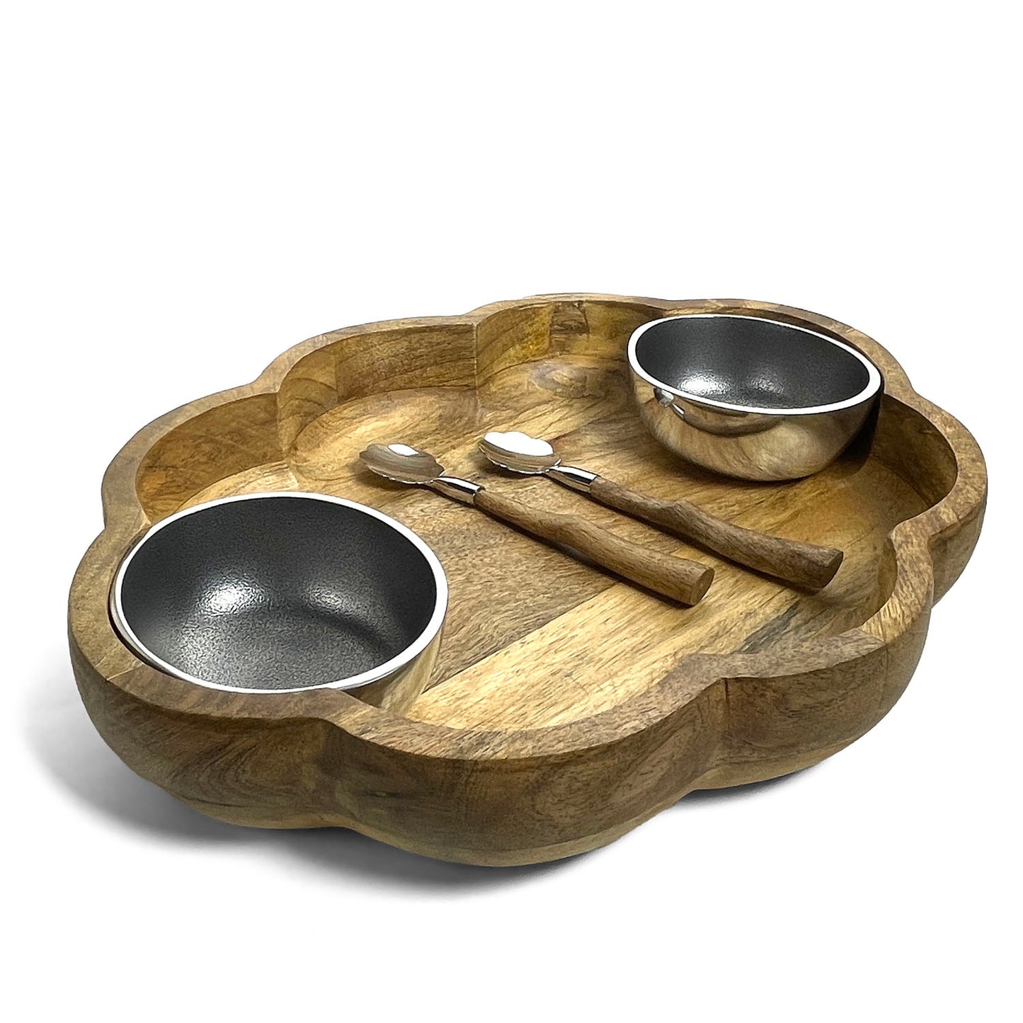 Handmade Cloud-Shaped Mango Wood and Cast Aluminum 5-piece Chip and Dip Set