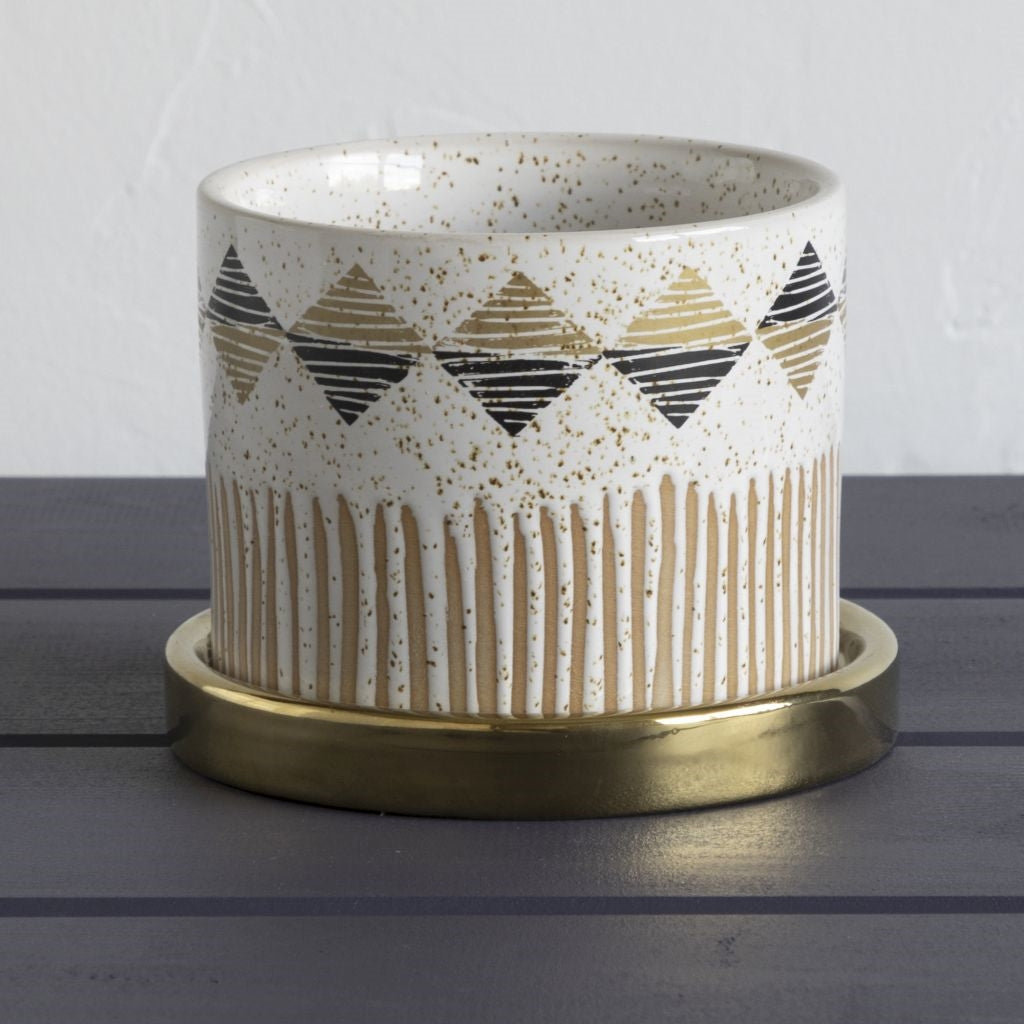 Diamond Pattern 4-inch Planter with Metallic Gold Saucer