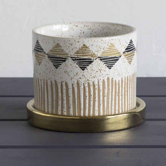 Diamond Pattern 4-inch Planter with Metallic Gold Saucer